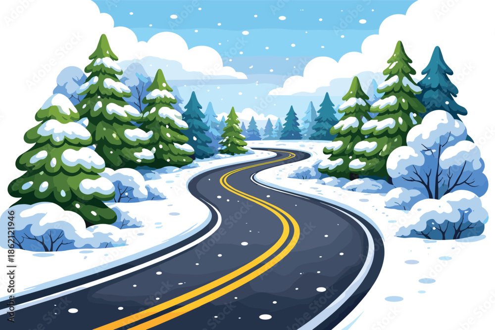 Obraz premium Winding winter road through snow-covered evergreen forest