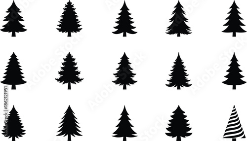 Evergreen pine tree silhouettes set isolated on white background showing forest nature icons minimal woodland graphic design illustration collection