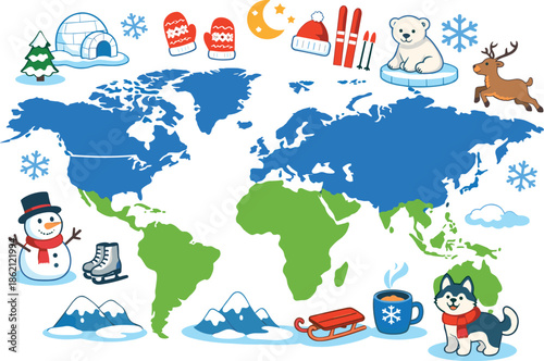 World map with winter icons and northern hemisphere highlighted