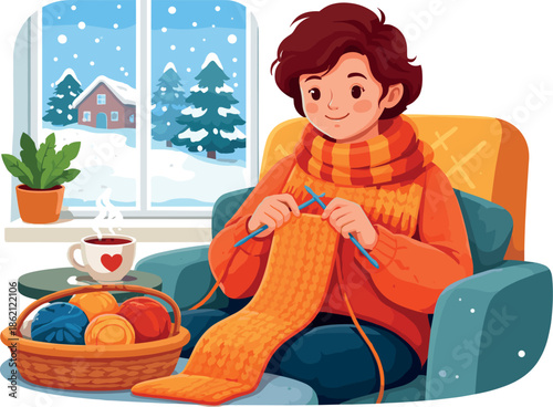 Cozy winter scene of person knitting a scarf by a snowy window