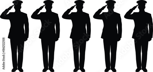 Military officer silhouettes saluting in uniform, army respect, discipline, patriotism and national service concept isolated on white background vector illustration