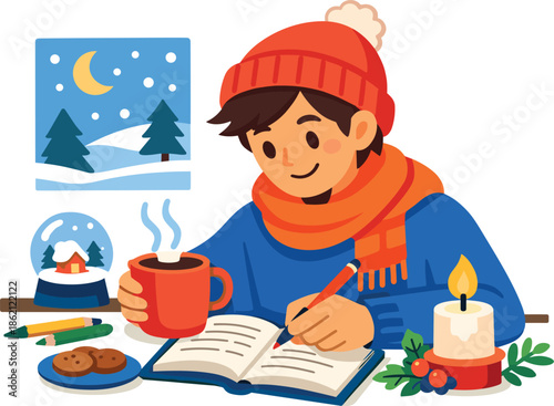 Young person writing in journal with hot drink and candle in winter