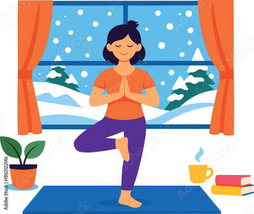 Woman practicing tree pose yoga indoors during a snowy winter day