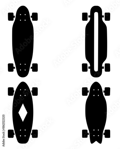 4 longboard illustration icons, silhouette, transparent background