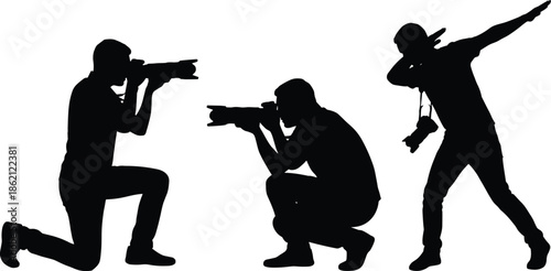 Photographer silhouettes capturing action shots with professional camera, creative photography poses concept isolated on white background vector illustration design