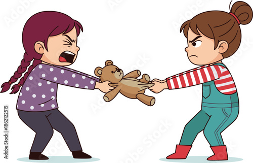 Two angry cartoon girls fighting over teddy bear isolated on white background illustrating childhood conflict rivalry emotions and social behavior concept