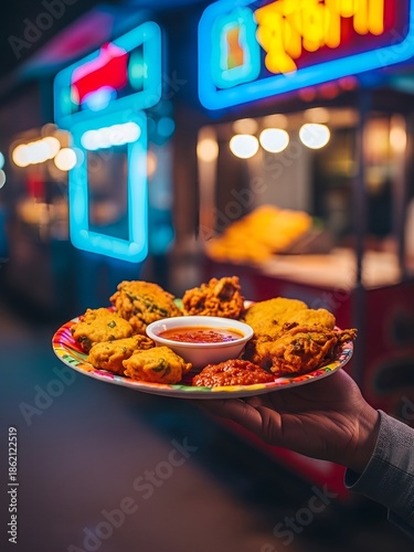 A person holding a plate of fried food with dipping sauce in front of a neon-lit food truck at night