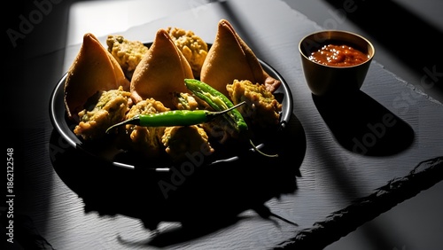 A plate of samosas with a side of spicy sauce on a dark table