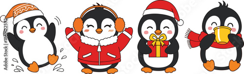 Cute winter penguin character set with various poses like wearing santa hat earmuffs holding gift box and drinking hot cocoa coffee