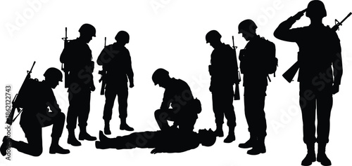 Military soldier silhouettes honoring fallen comrade, battlefield memorial scene with armed forces standing and saluting, sacrifice, respect, remembrance concept illustration