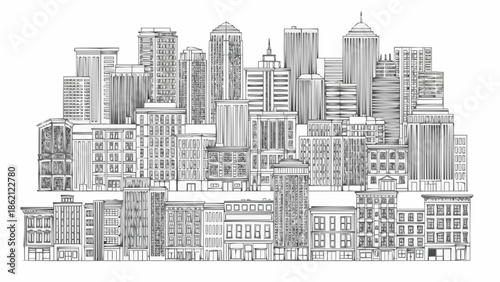 Detailed Black and White Sketch of a Dense Cityscape with Numerous Buildings.