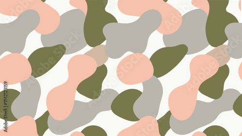 Camouflage pattern, peach olive gray white tones, organic irregular shapes, highlighted detail, seamless texture, flat vector illustration