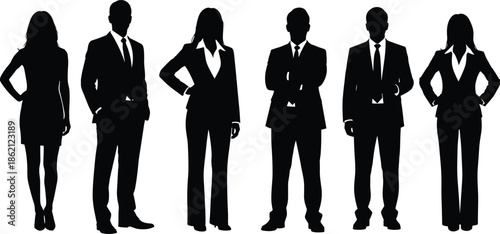 Group of diverse professional business people silhouettes standing in suits for corporate team leadership, successful career development and office recruitment.