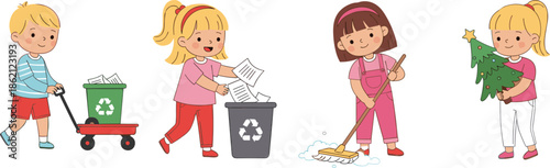 Group of happy children cleaning environment recycling paper sweeping floor and planting tree for ecological awareness and earth day celebration