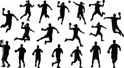 Handball player silhouette set with athletes jumping and throwing ball, team sport action sequence, competition match vector, professional handball icons