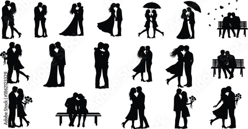 Romantic couple silhouette collection with love, kissing and affectionate poses, Valentine’s Day, relationship and wedding celebration illustration set