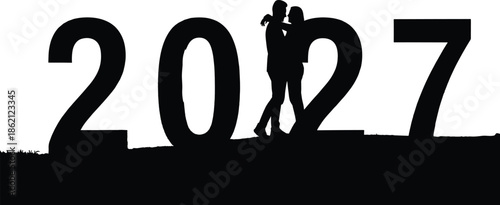 Romantic couple silhouette embracing on 2027 numbers, love, togetherness and New Year celebration concept illustration in black and white