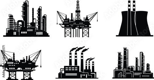 Industrial factory and offshore oil rig silhouettes set including power plants, chemical refineries, energy production facilities, and manufacturing warehouse engineering icons.