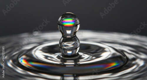 Crystal clear water droplet forms a delicate column above a ripple