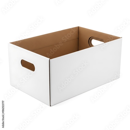Illustration of open white cardboard box with handles on sides isolated on white background