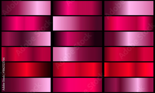 Metal rose gold foil texture set. Pink poster gradient collection. on black background.