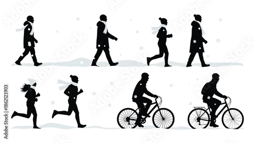 People walking running and cycling in winter