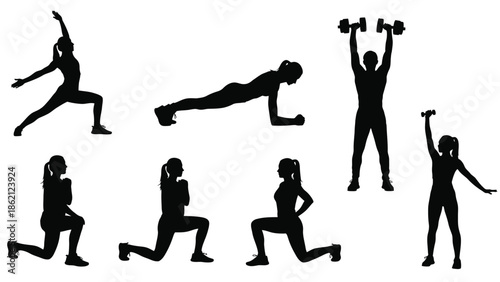 Various fitness exercises performed by people in silhouette