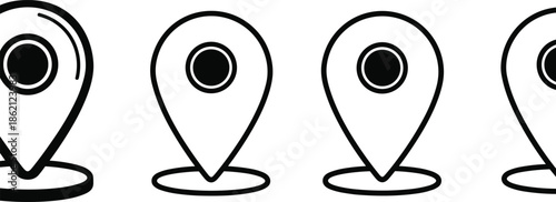 Location pin icon set featuring map pointer symbols, GPS navigation markers, destination site indicators, and address position tags for travel interface.