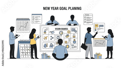 New year goal planning with team members and vision boards