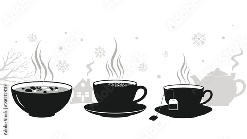 Cozy winter morning with hot tea cups