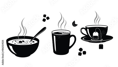 Hot coffee and sugar cubes in black and white illustration