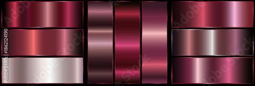 Pink metallic gradient with frame on black background. nine shiny metallic gradients. pink leaf texture.