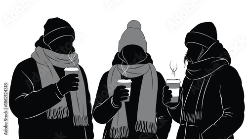 Three people enjoying hot beverages on a cold day