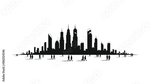 City skyline with people walking