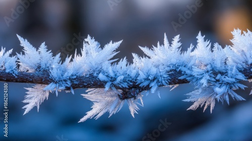 Extreme Close-up on Crystalline Frost Formations on a Branch in Winter Nature