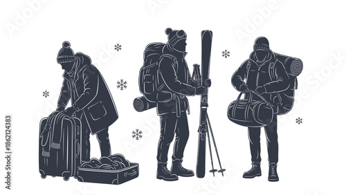 Travelers preparing for winter adventure with luggage and equipment