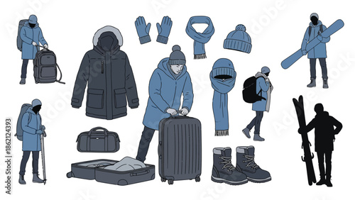 Traveler preparing for winter adventure with luggage and gear