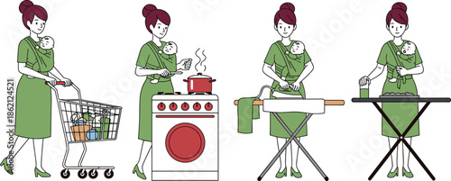 Mother carrying baby in sling while shopping with grocery cart cooking on stove ironing clothes and working at desk for multitasking