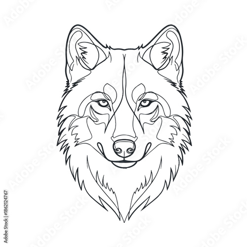 Illustrated wolf head portrait with detailed line art and symmetrical features.