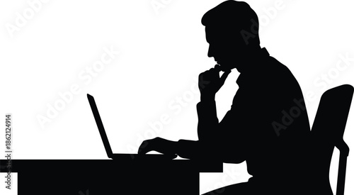 Businessman silhouette working on laptop at desk, thinking posture, remote work, focus, problem solving, technology, modern office lifestyle illustration