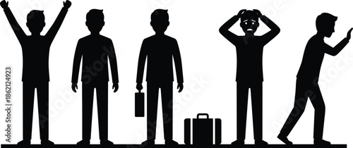 Boy silhouette sequence expressing emotions, success, stress, travel, and disappointment gestures isolated on white background, childhood feelings concept illustration