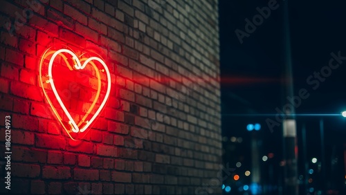 Vibrant red neon heart sign on brick wall at night