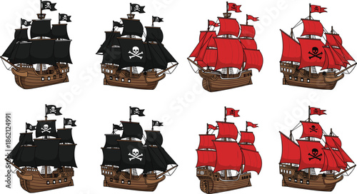 Pirate ship collection with black and red sails including skull crossbones flags galleon vessel set for nautical adventure and maritime exploration