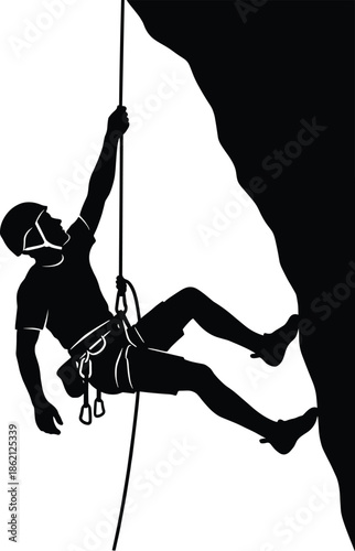 Rock climber silhouette rappelling down cliff, adventure sport mountaineering figure isolated on white background, climbing, safety, challenge illustration concept design