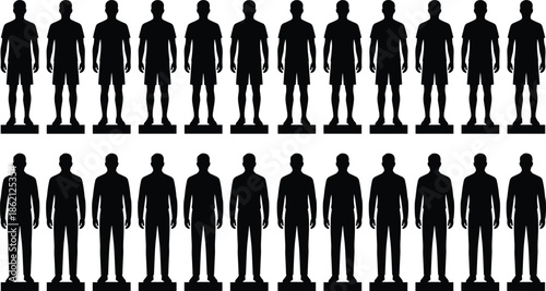 Male silhouette body comparison set showing front and back standing poses, anatomy proportions, fitness reference isolated on white background
