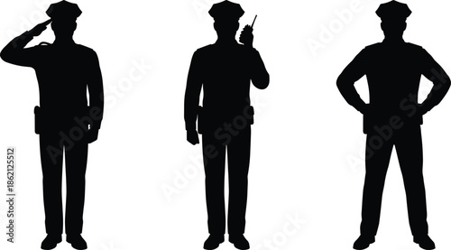 Police officer silhouettes in uniform, law enforcement poses with salute and radio communication isolated on white background, security, authority, public safety concept