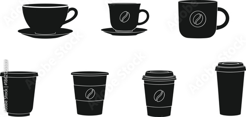 Set of silhouette coffee cup icons and takeaway paper mugs with lids and bean logos for cafe branding and menu design