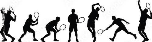 Tennis player silhouette sequence showing serve, rally, jump, and smash actions isolated on white background sports motion illustration concept set