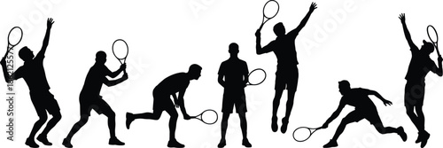 Tennis player silhouettes in action isolated on white background showing dynamic sport movement fitness competition concept illustration training energy performance
