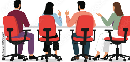 Vector illustration of business people sitting in red office chairs back view during corporate meeting or presentation in modern workspace